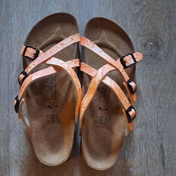 birki's Shoes - Birki's Birkenstock Tangerine Cream Crisscross Strap Sandals Animal Print 9.5